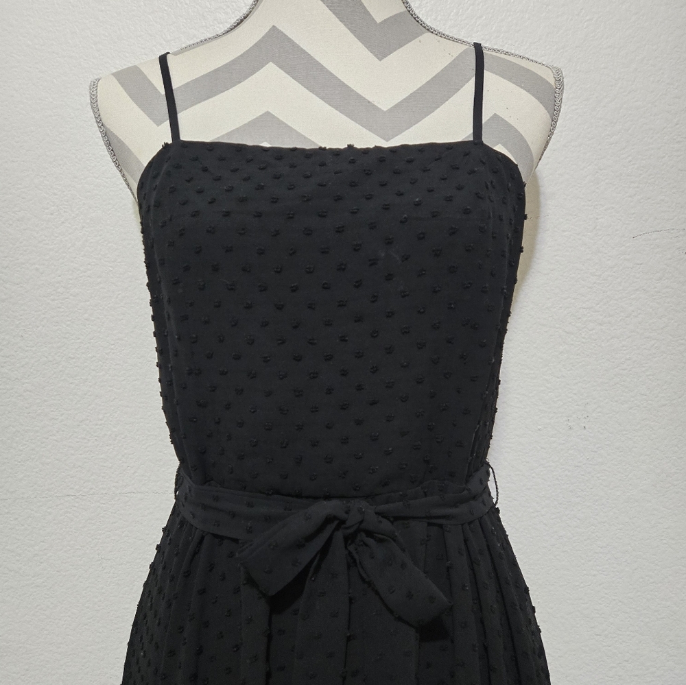 AQUA Black Midi Dress Swiss Dot Lace Inset Handkerchief Hem Tie Waist Small - Picture 3 of 15